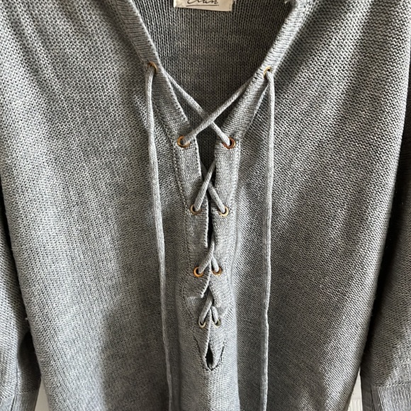 Elan Womens Lace Up Hoodie Sweater Size Small Gray 3/4 Sleeves Oversized BOHO - Picture 2 of 8